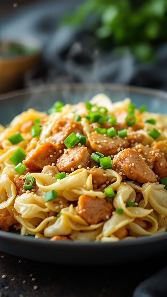 Cabbage and turkey stir-fry in a bowl topped with green onions.
