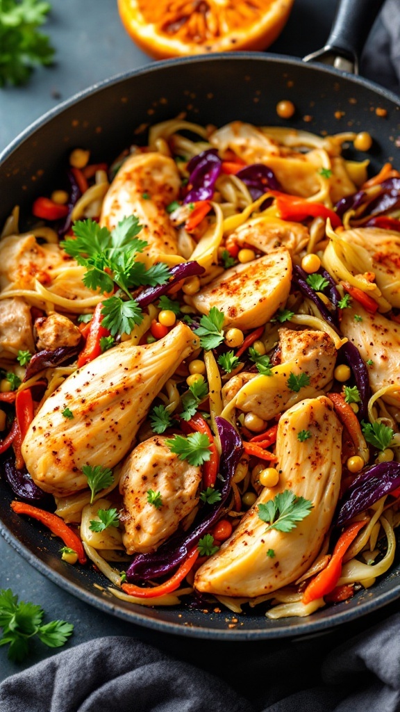 A colorful Cabbage and Turkey Stir-Fry in a skillet, garnished with cilantro.