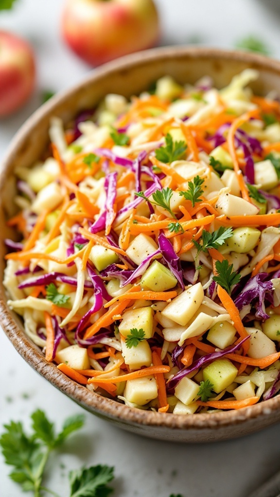 A colorful cabbage slaw with apples and carrots in a bowl.