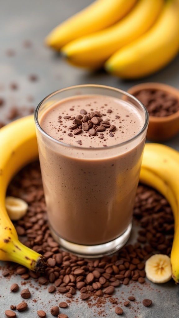 Cacao and Banana Smoothie in a glass with bananas and cacao beans around