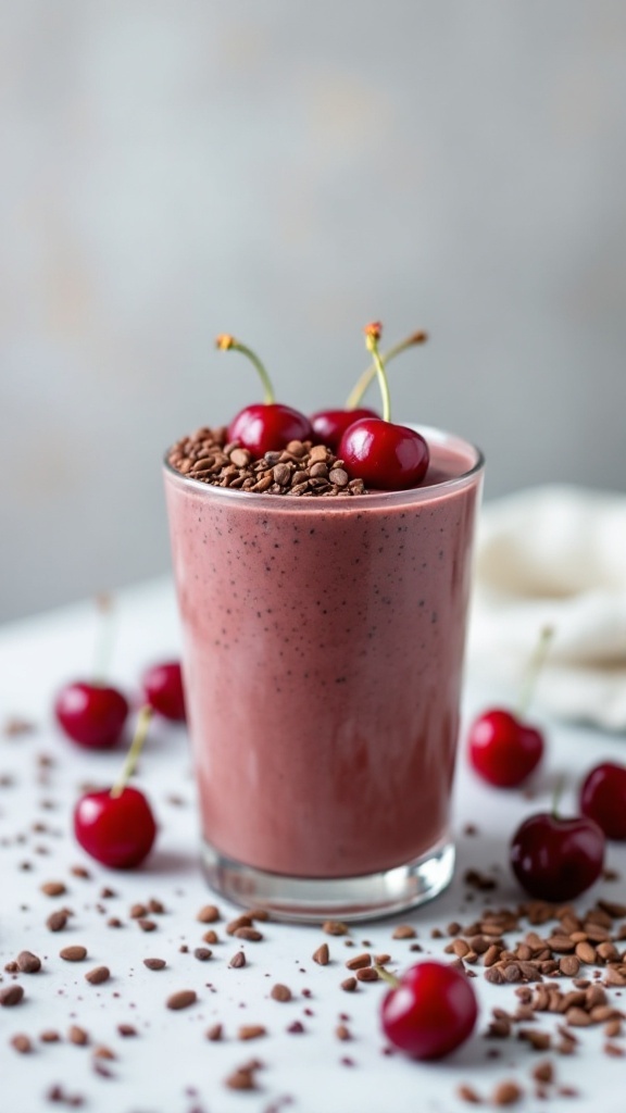 A creamy cacao and cherry smoothie topped with fresh cherries and cacao nibs.