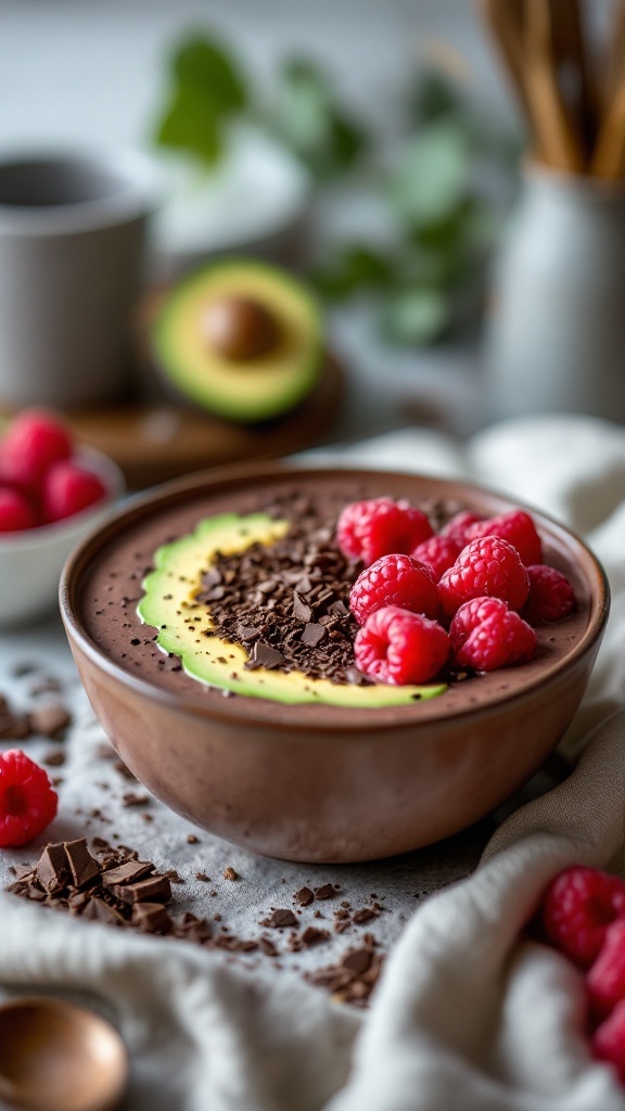 A bowl of chocolate avocado smoothie topped with raspberries and chocolate pieces.