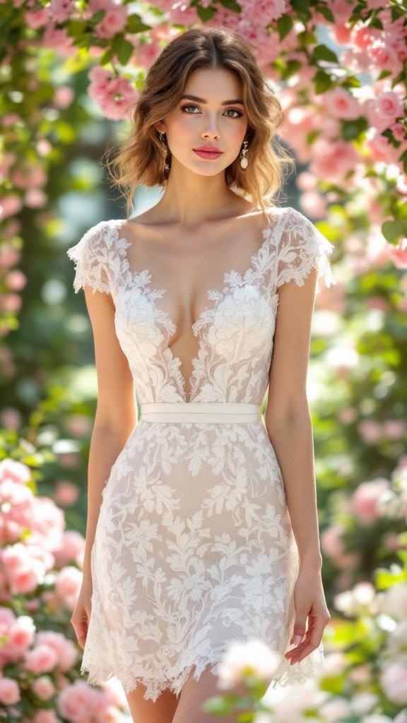 A model wearing a cap sleeve lace dress with a deep V-neckline, surrounded by pink flowers.