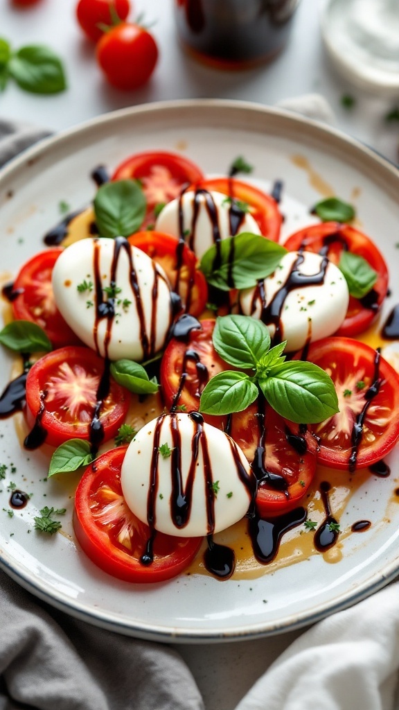 Caprese Salad with sliced tomatoes, mozzarella, basil, and balsamic glaze