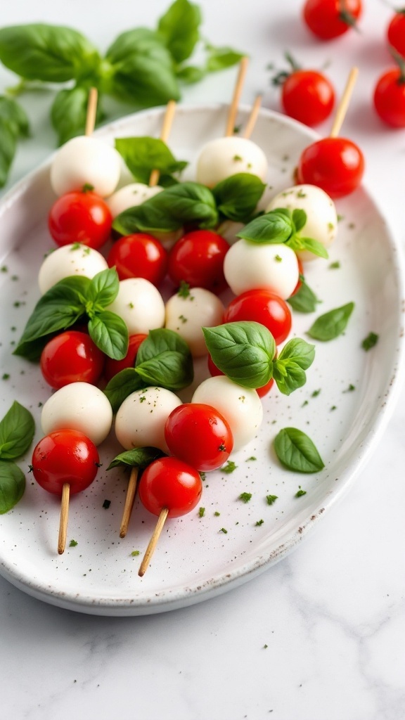 Caprese skewers with cherry tomatoes, mozzarella balls, and basil on a serving platter