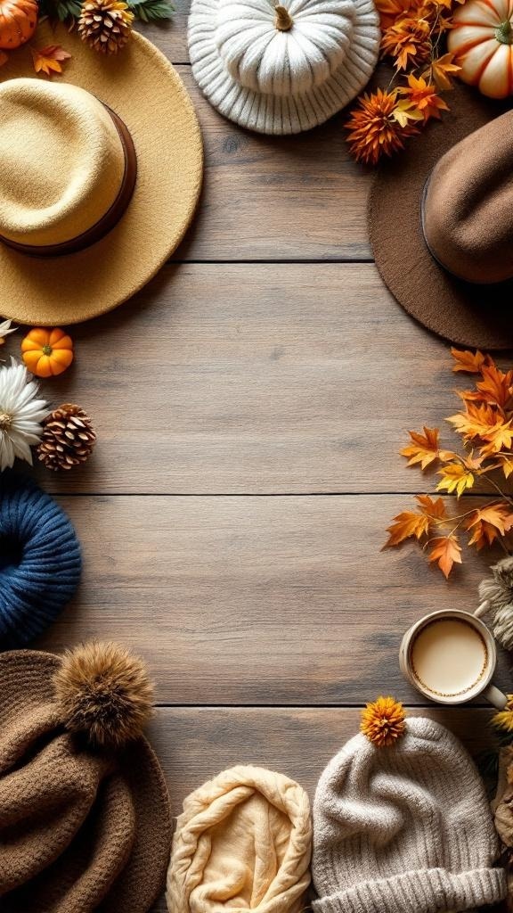A beautiful arrangement of various caps and beanies with autumn leaves and pumpkins on a wooden surface.