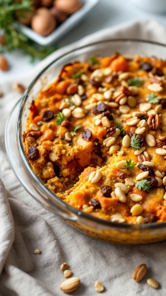A delicious carrot and raisin breakfast casserole topped with nuts.