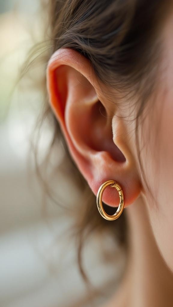 Close-up of a gold hoop earring in a cartilage piercing