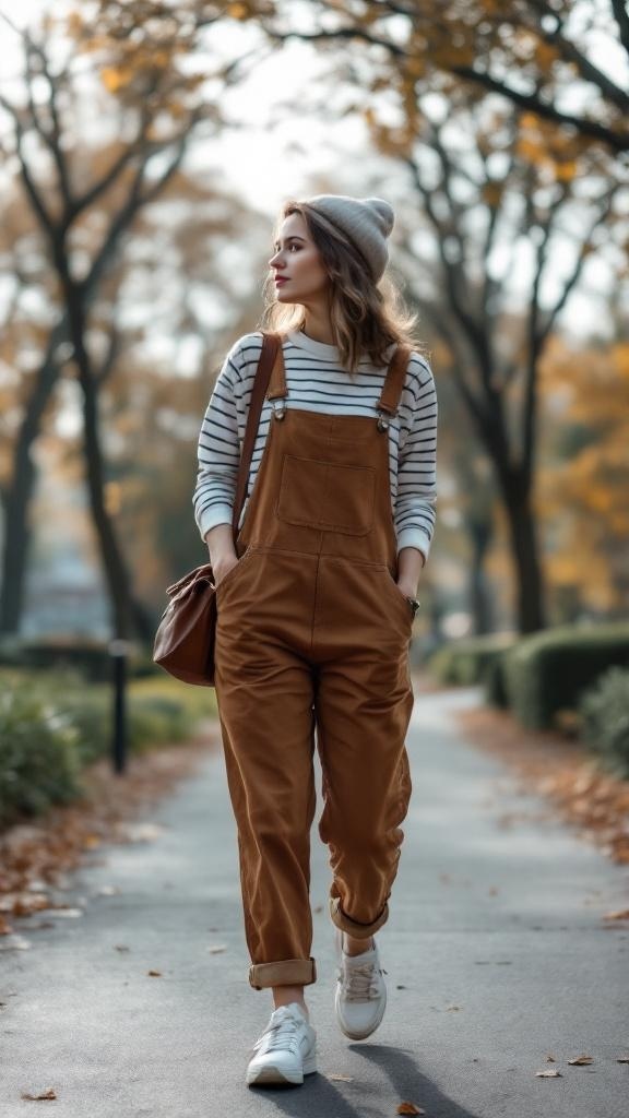 A young woman wearing brown overalls and a striped shirt, walking in a park during autumn.