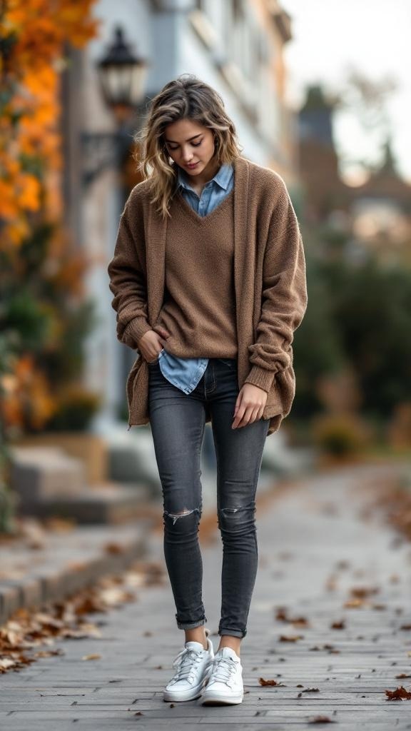 A model wearing a brown oversized sweater over a denim shirt, paired with dark skinny jeans and white sneakers, standing on a street with autumn leaves.