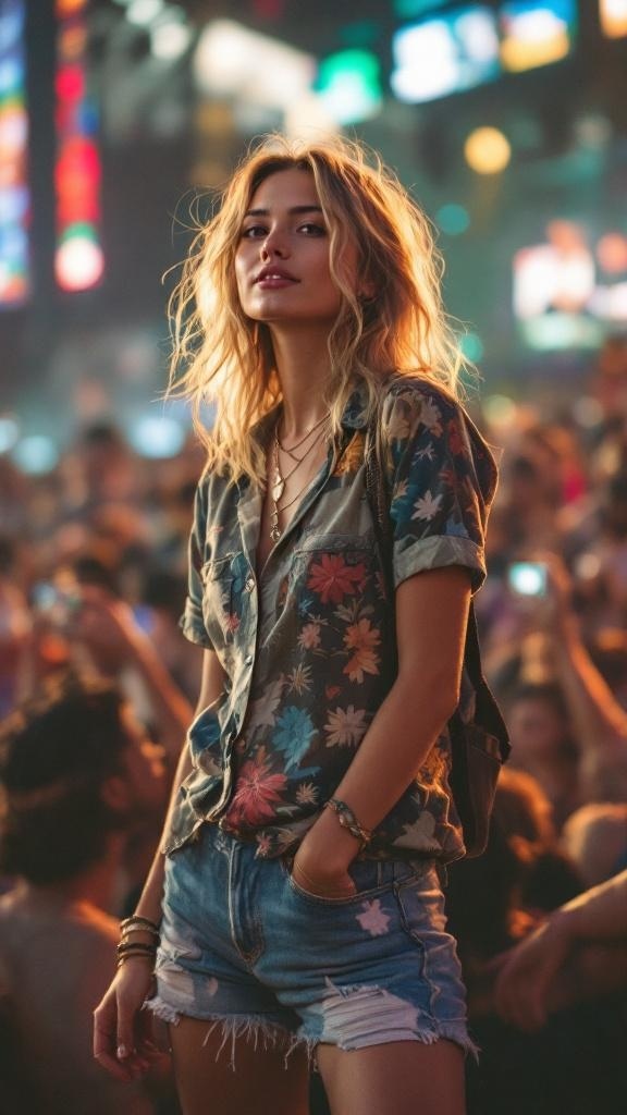 A person wearing a casual button-up shirt and shorts at a concert, with colorful lights in the background.