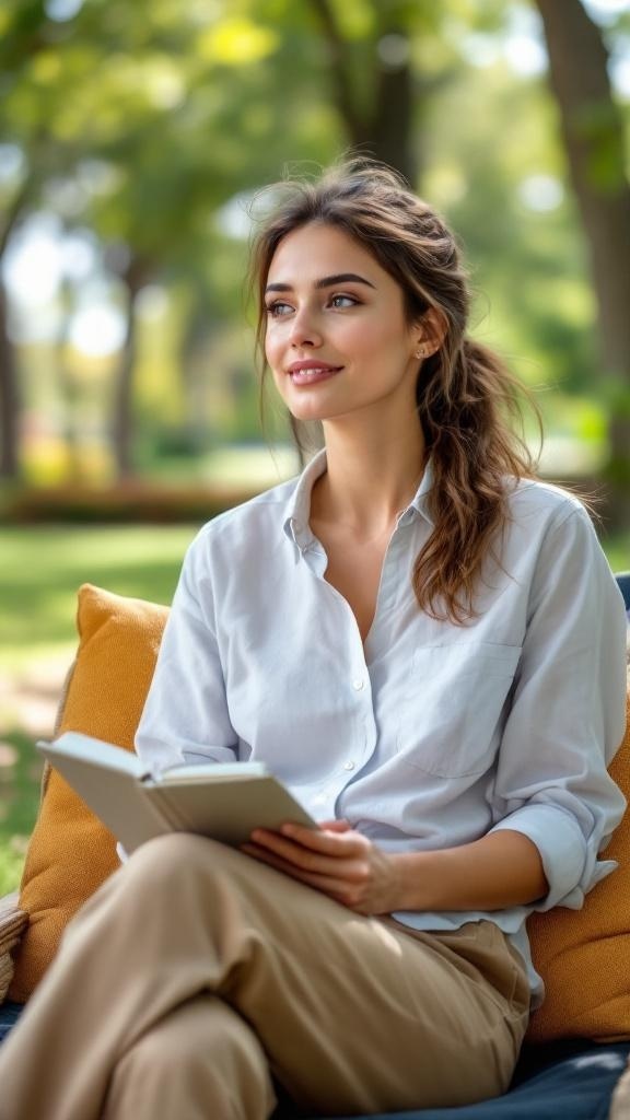 A woman sitting outdoors in a casual button-up shirt and chinos, reading a book with a relaxed smile.