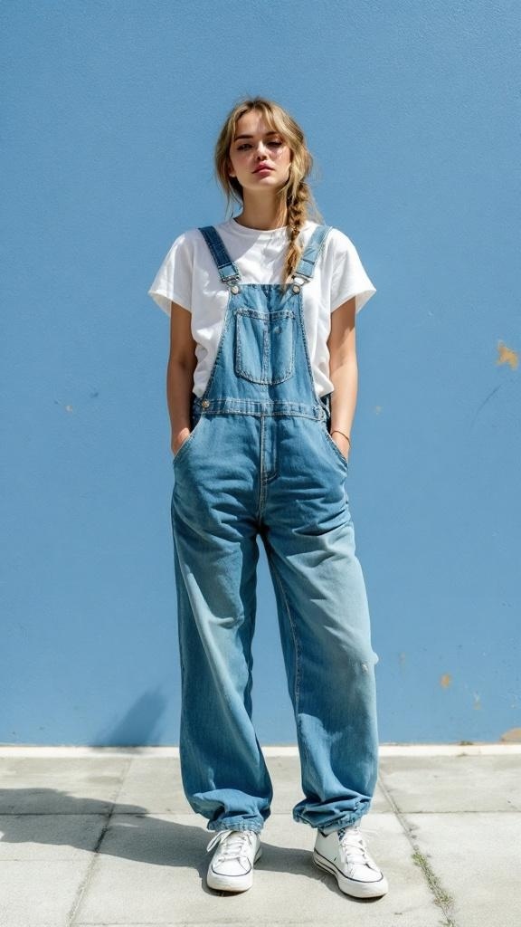 A young woman wearing denim overalls and a white t-shirt, standing against a blue wall.