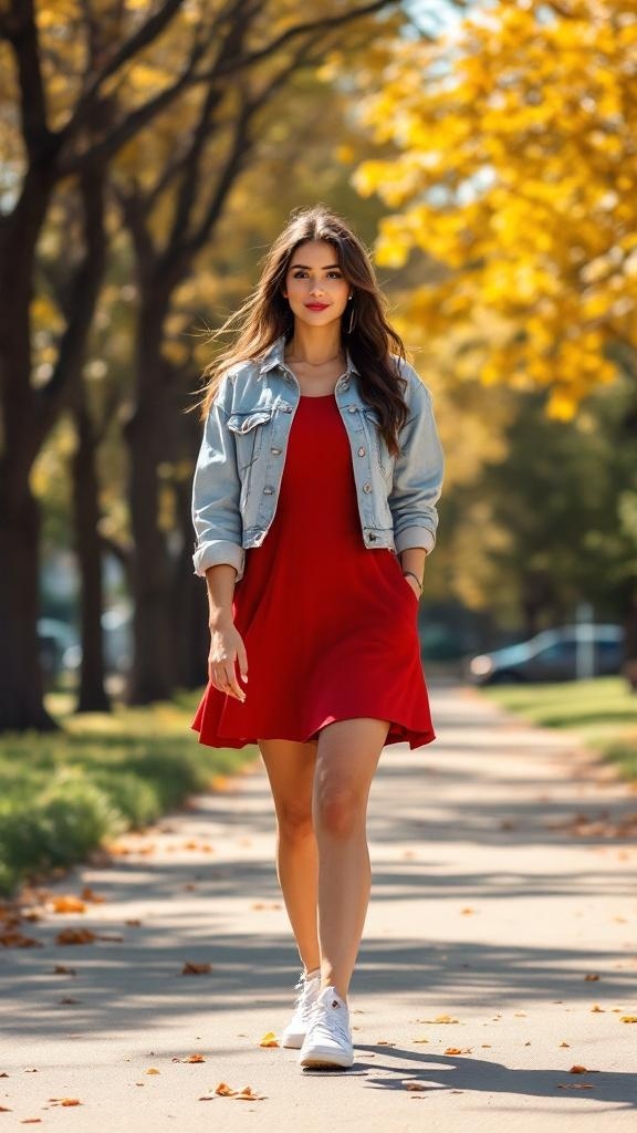 A woman wearing a red dress and denim jacket walking on a path with autumn leaves.
