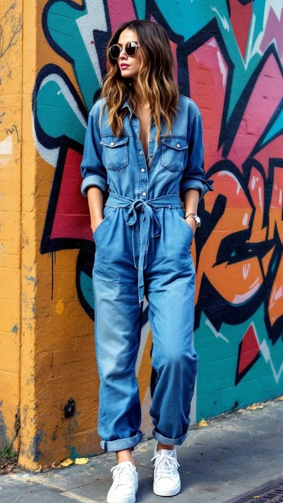 A woman in a casual denim jumpsuit stands against a colorful graffiti wall, wearing sunglasses and white sneakers.