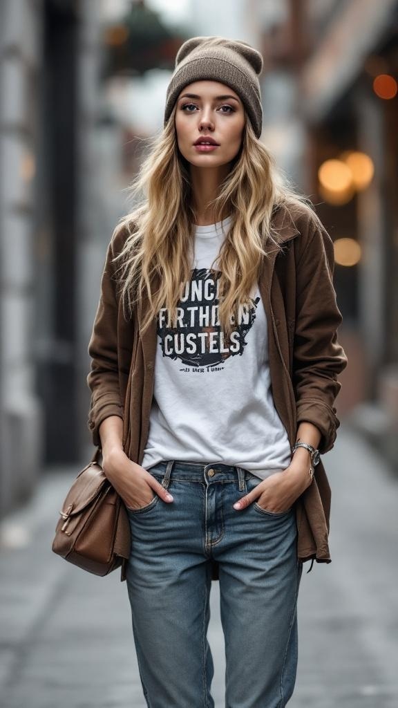 A person wearing a white graphic tee, light blue jeans, and a brown beanie, standing on a city street.