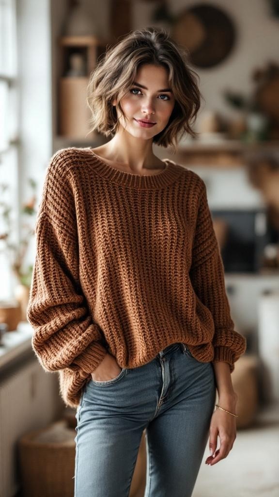A woman wearing a cozy brown knitted sweater and blue jeans, smiling softly in a warm, inviting indoor setting.