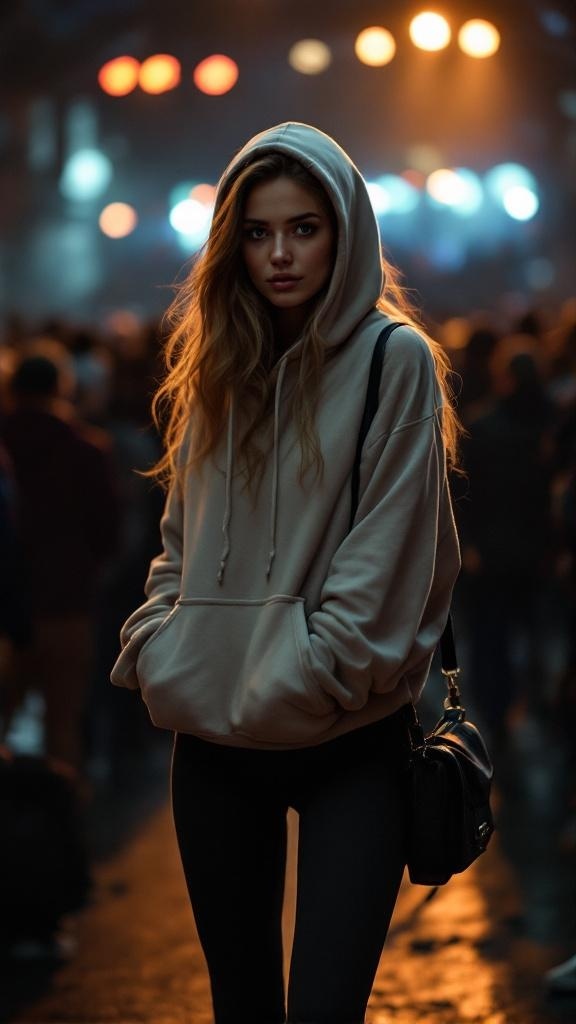 A young woman wearing a hoodie and leggings at a concert, with a crowd and colorful lights in the background.