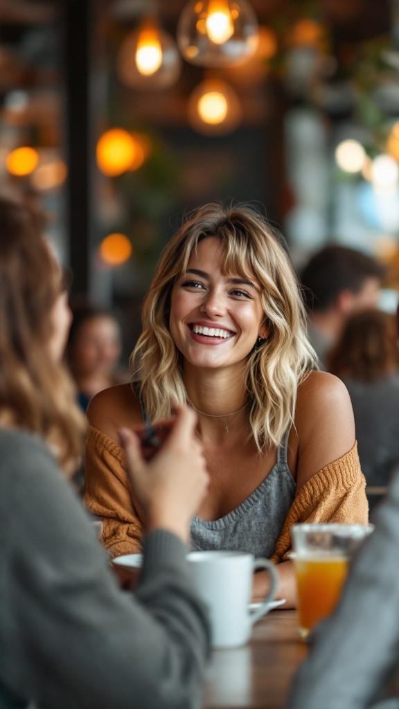 A woman with a casual shag cut smiling while sitting at a café.
