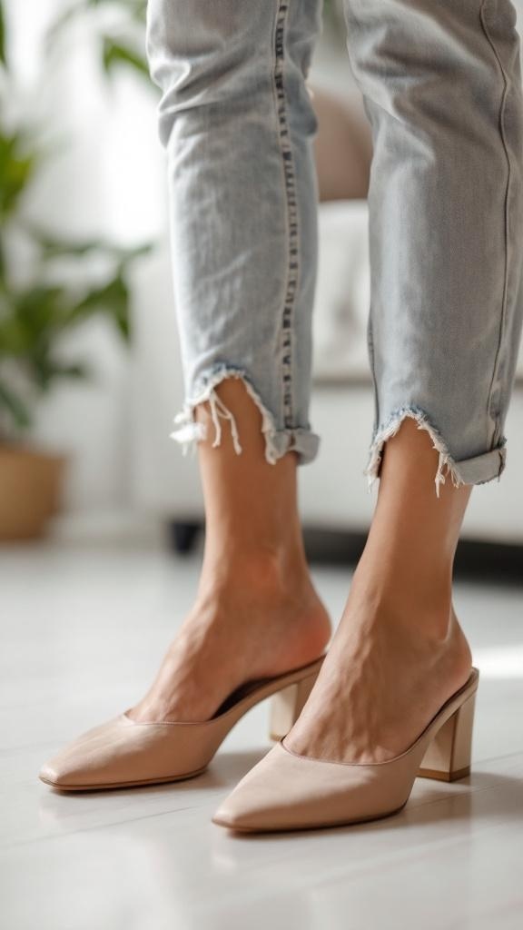 A person wearing casual slip-on heels with rolled-up jeans, standing on a wooden floor in a cozy living space.
