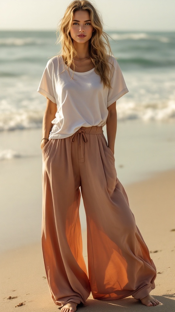 A woman in a casual oversized tee and flowing pants stands on the beach, facing the ocean.