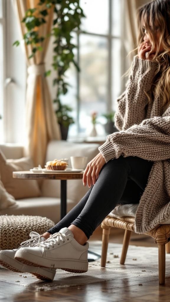 A woman in a cozy sweater and black leggings sitting in a bright room, enjoying a casual brunch.