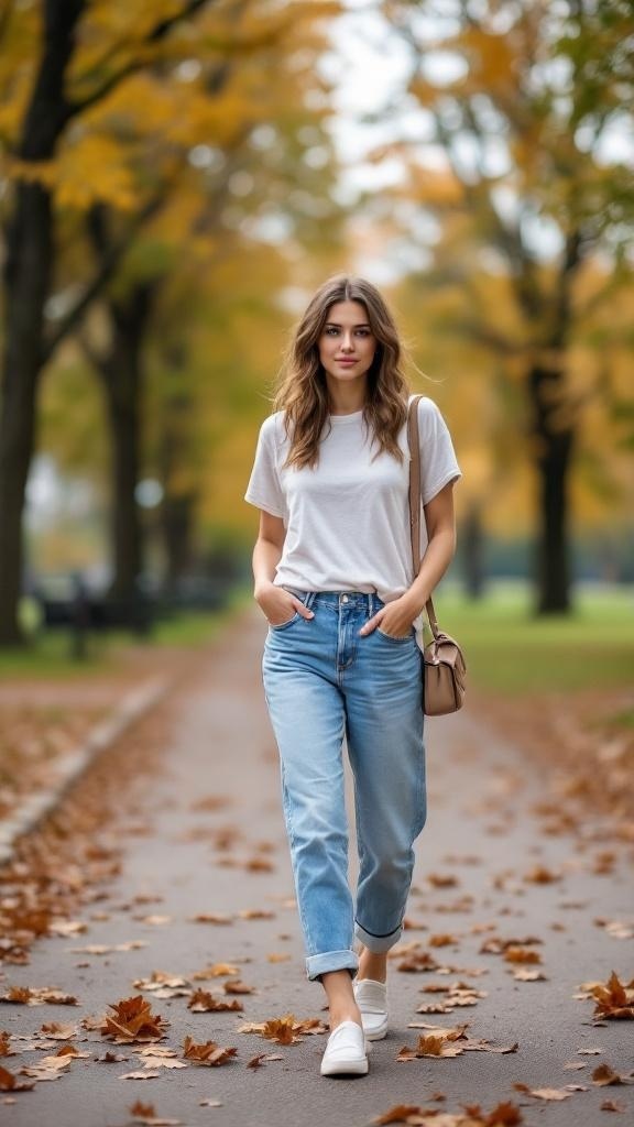 A woman in a white t-shirt and light blue jeans walking through a park with autumn leaves.