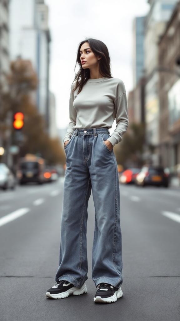A woman wearing wide-leg jeans and a gray long-sleeve top, standing on a city street.