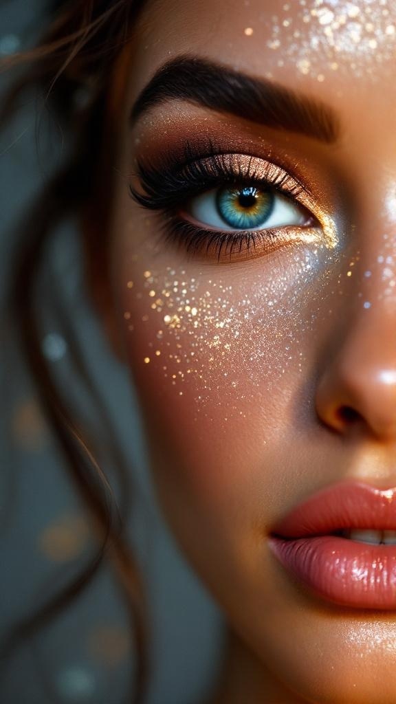 Close-up of a woman's eye featuring a cat eye eyeliner look with glitter.