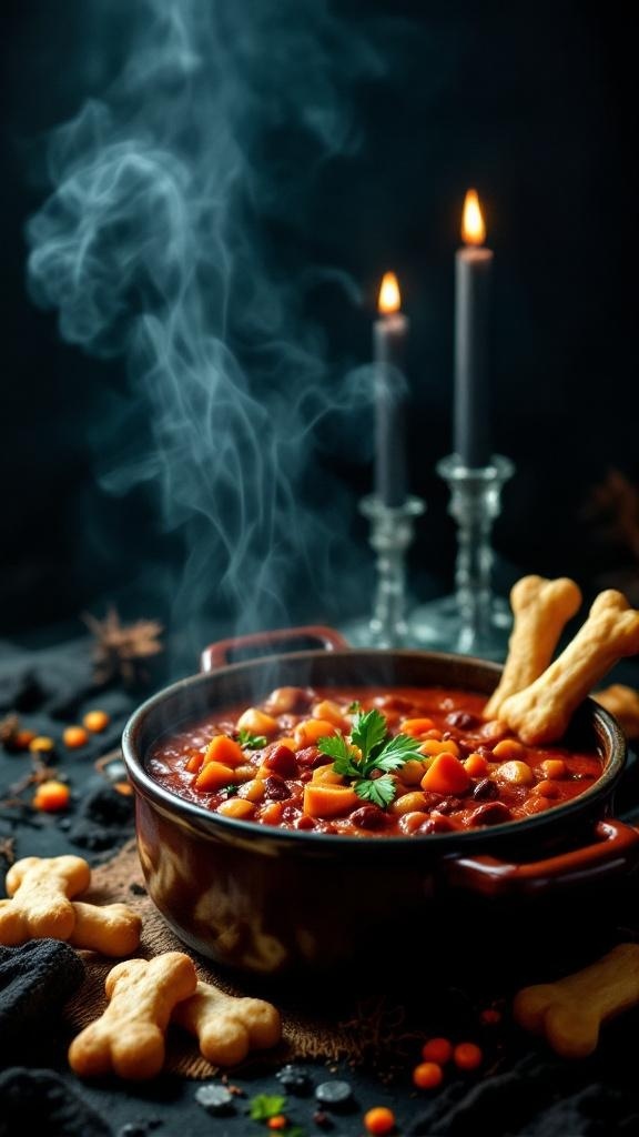A steaming bowl of cauldron chili with candles in the background
