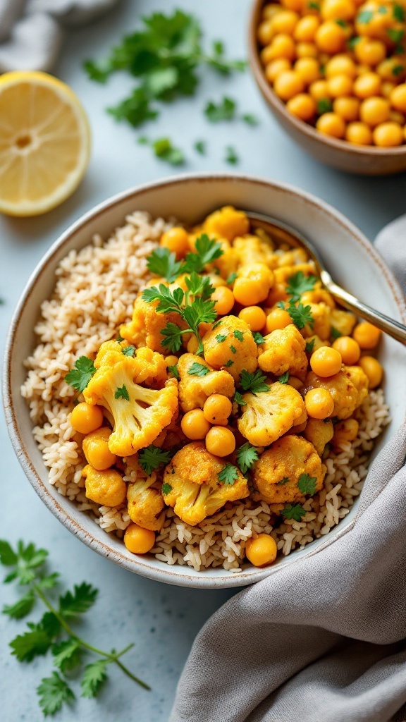 A warm bowl of cauliflower and chickpea curry served over rice, garnished with fresh cilantro.