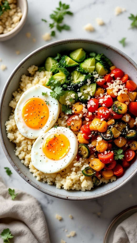 A colorful and healthy cauliflower breakfast bowl with eggs, vegetables, and herbs.