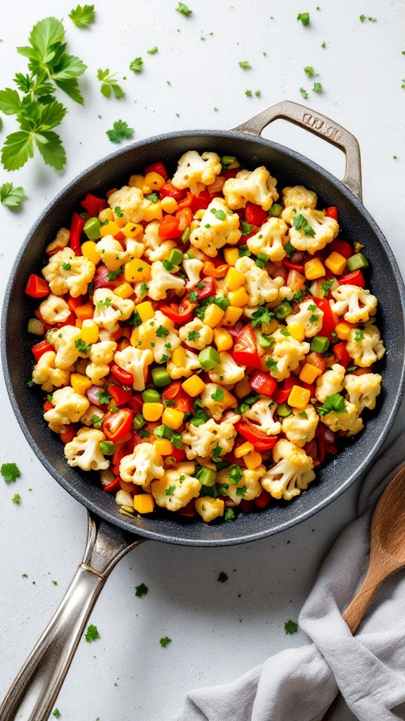 A vibrant cauliflower breakfast hash in a skillet, featuring colorful vegetables.
