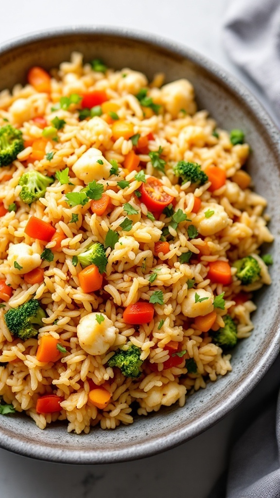 A bowl of colorful cauliflower fried rice with vegetables.