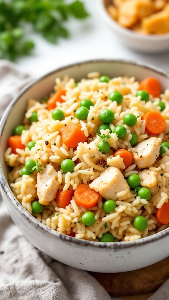 Bowl of cauliflower fried rice with chicken, peas, and carrots.