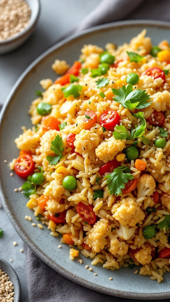 A colorful plate of cauliflower fried rice with peas, carrots, cherry tomatoes, and cilantro.