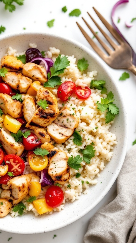 A bowl filled with cauliflower rice, grilled chicken, and colorful vegetables.