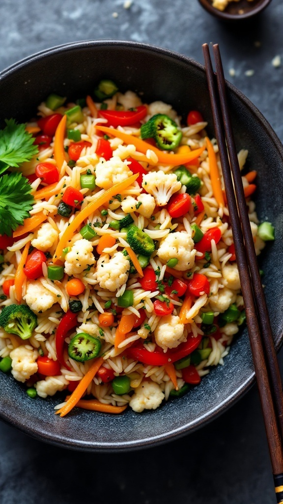 A colorful bowl of cauliflower rice stir-fry with mixed vegetables