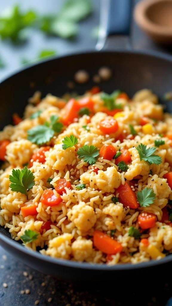 A delicious bowl of cauliflower rice stir-fry with colorful vegetables.