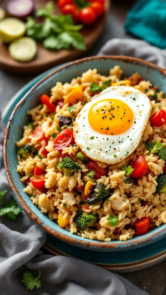 A bowl of cauliflower rice stir-fry topped with a fried egg and colorful vegetables.