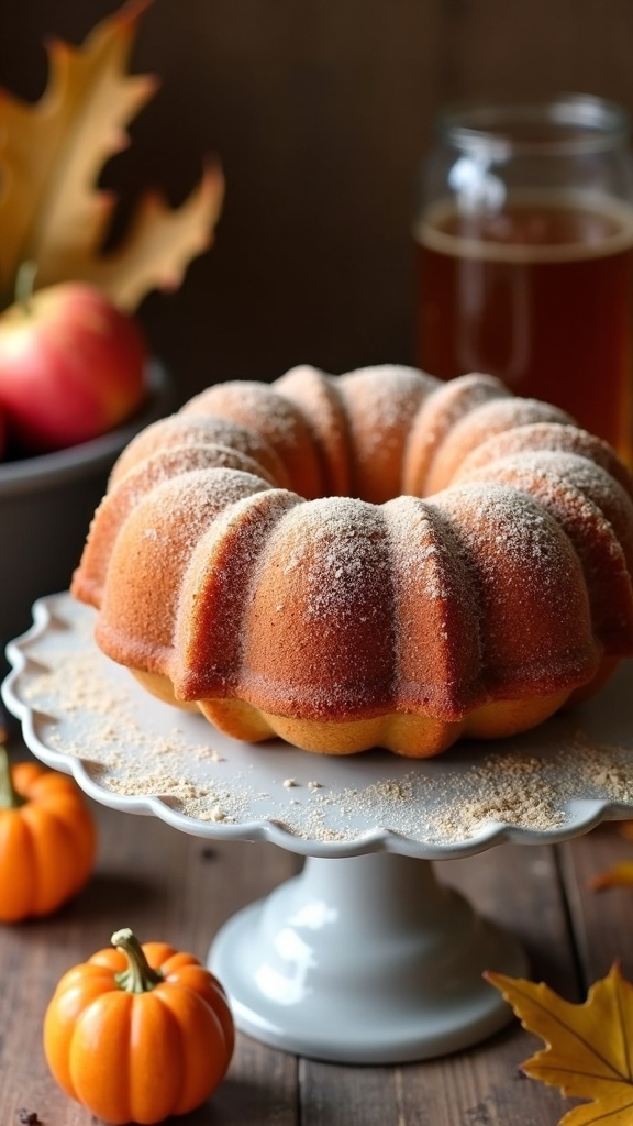 A festive apple cider doughnut cake on a cake stand, surrounded by pumpkins and autumn leaves.