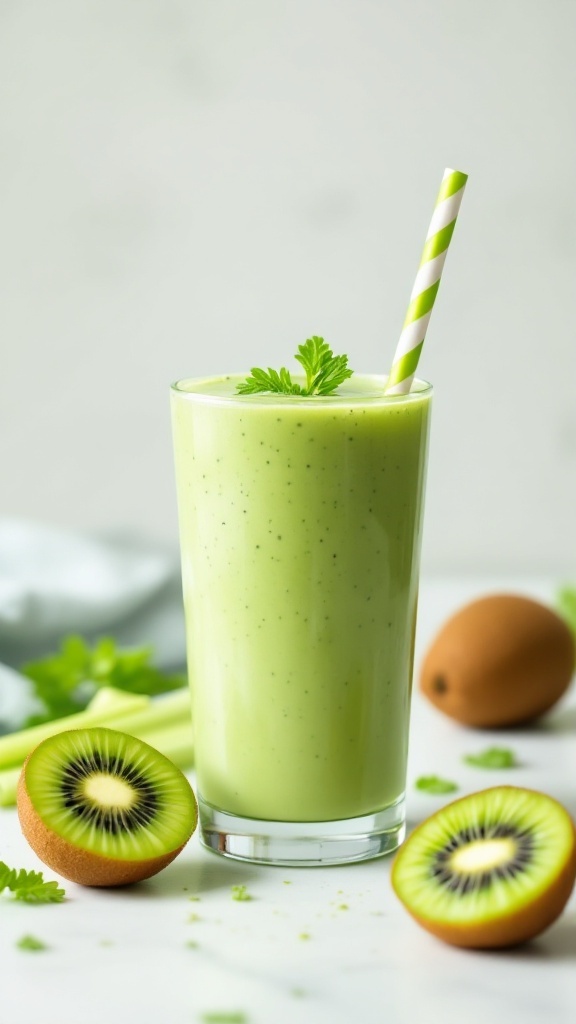 A green smoothie made with celery and kiwi, garnished with a leaf.