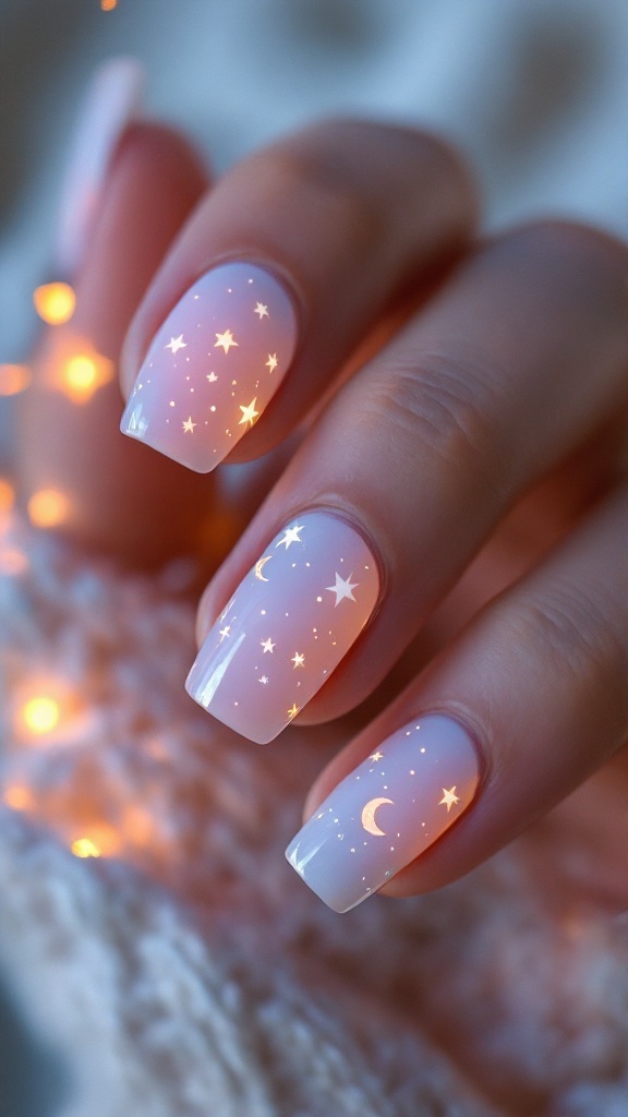Nails with celestial design featuring stars and moons on a soft pastel background.