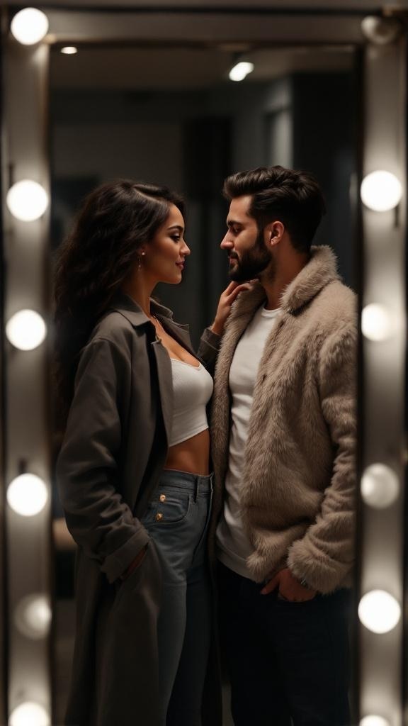 A couple in stylish attire, showcasing date night fashion in a cozy setting.