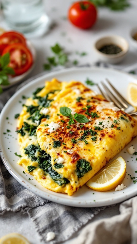 A delicious cheese and spinach omelette served with a slice of lemon.