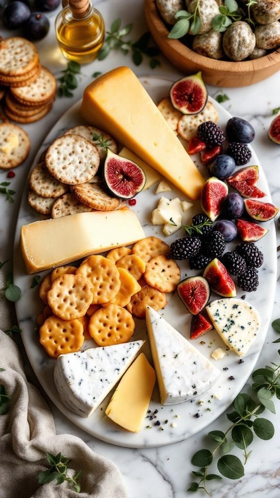 A beautifully arranged cheese charcuterie board featuring various cheeses, crackers, and fresh fruits.