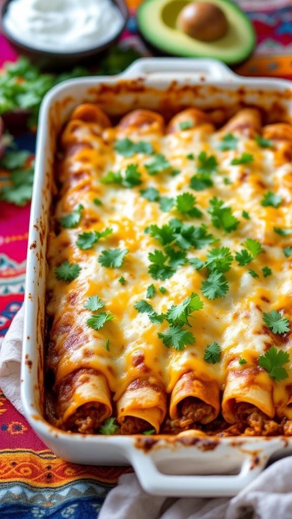 A delicious dish of cheesy beef enchiladas topped with cilantro, served in a white baking dish.