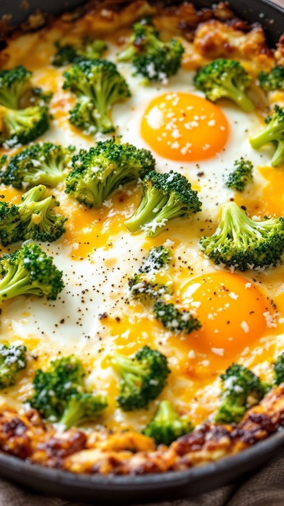 A delicious cheesy broccoli and egg bake, featuring vibrant green broccoli and bright yellow egg yolks.