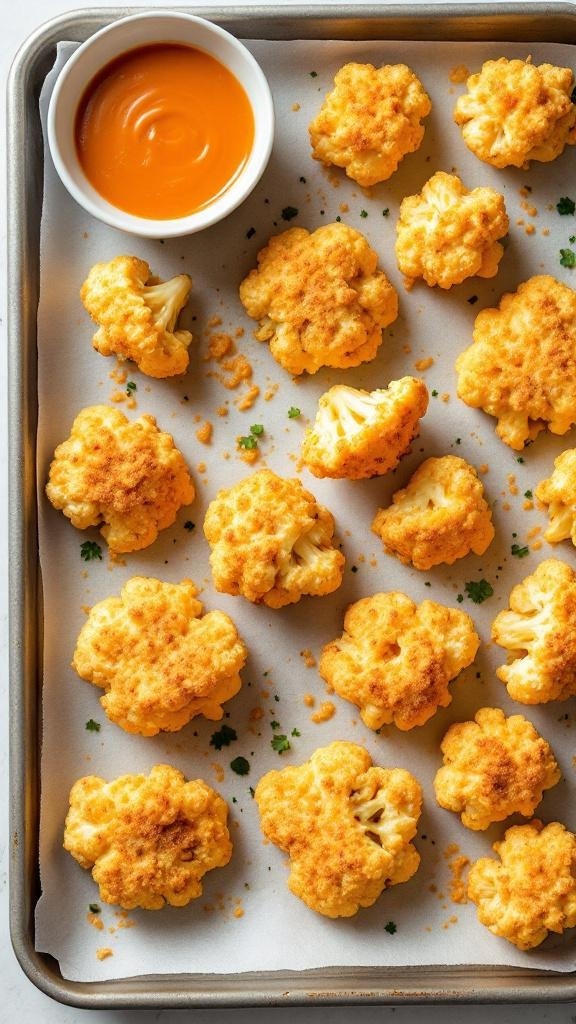 A tray of golden-brown cauliflower cheese bites with a small bowl of dipping sauce.