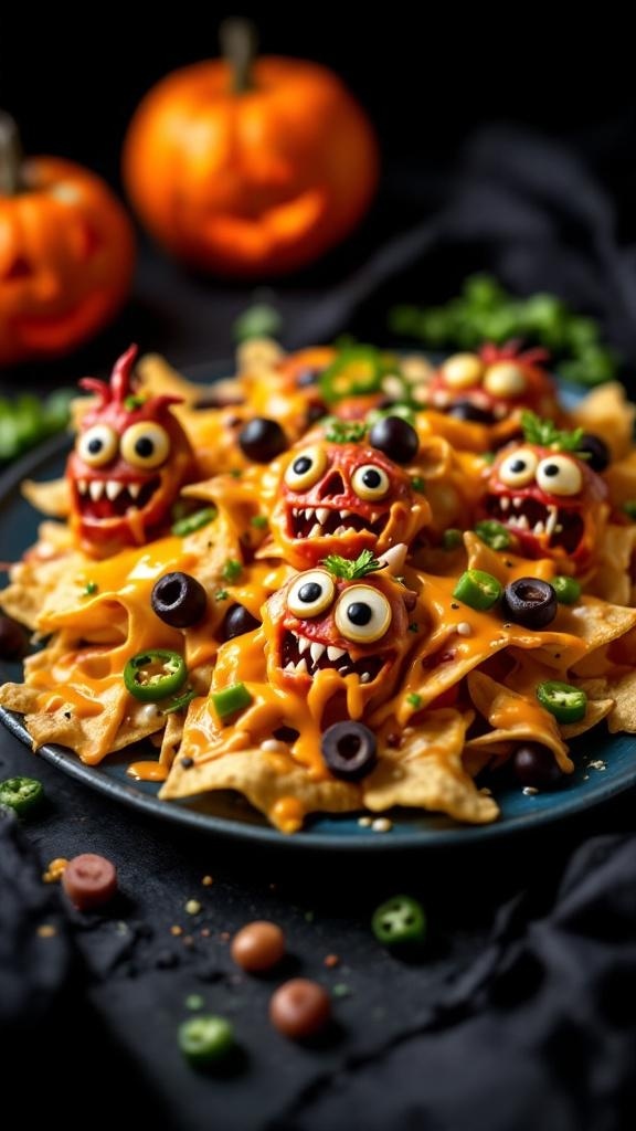 A plate of Cheesy Monster Nachos with playful monster faces made from toppings.
